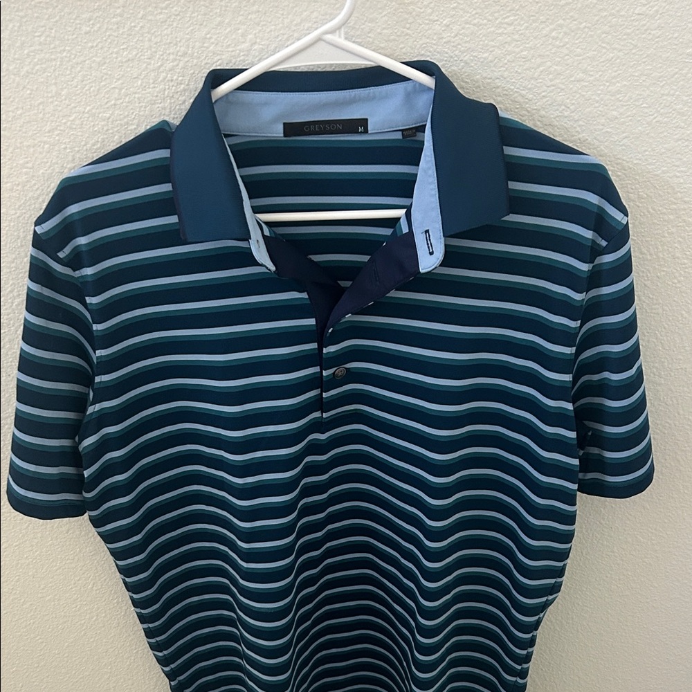 Greyson Men's Navy and Light Blue Striped Polo